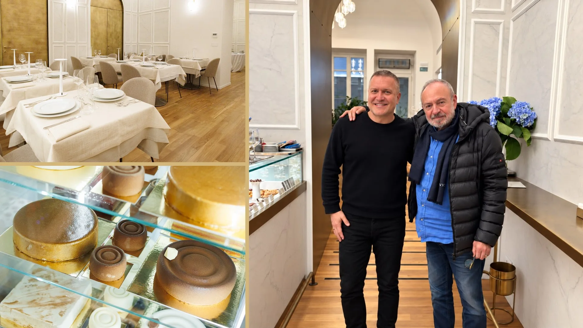 Gianni Parisi nel corridoio d'ingresso di Caffè Borello, con la sala e i dolci del locale